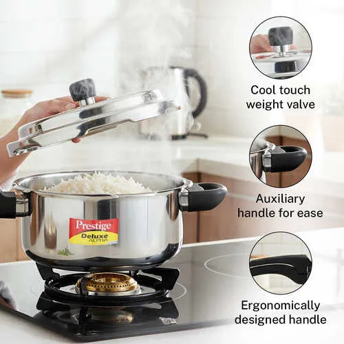 SKU 20248 Prestige 3 Litre Stainless Steel Deluxe Alpha Svachh Outer Lid Pressure Cooker | 10Y Warranty | Deep Lid for Spillage Control | TRIPLY Base | Gasket Release System | Gas & Induction Compatible | ISI - Detail View